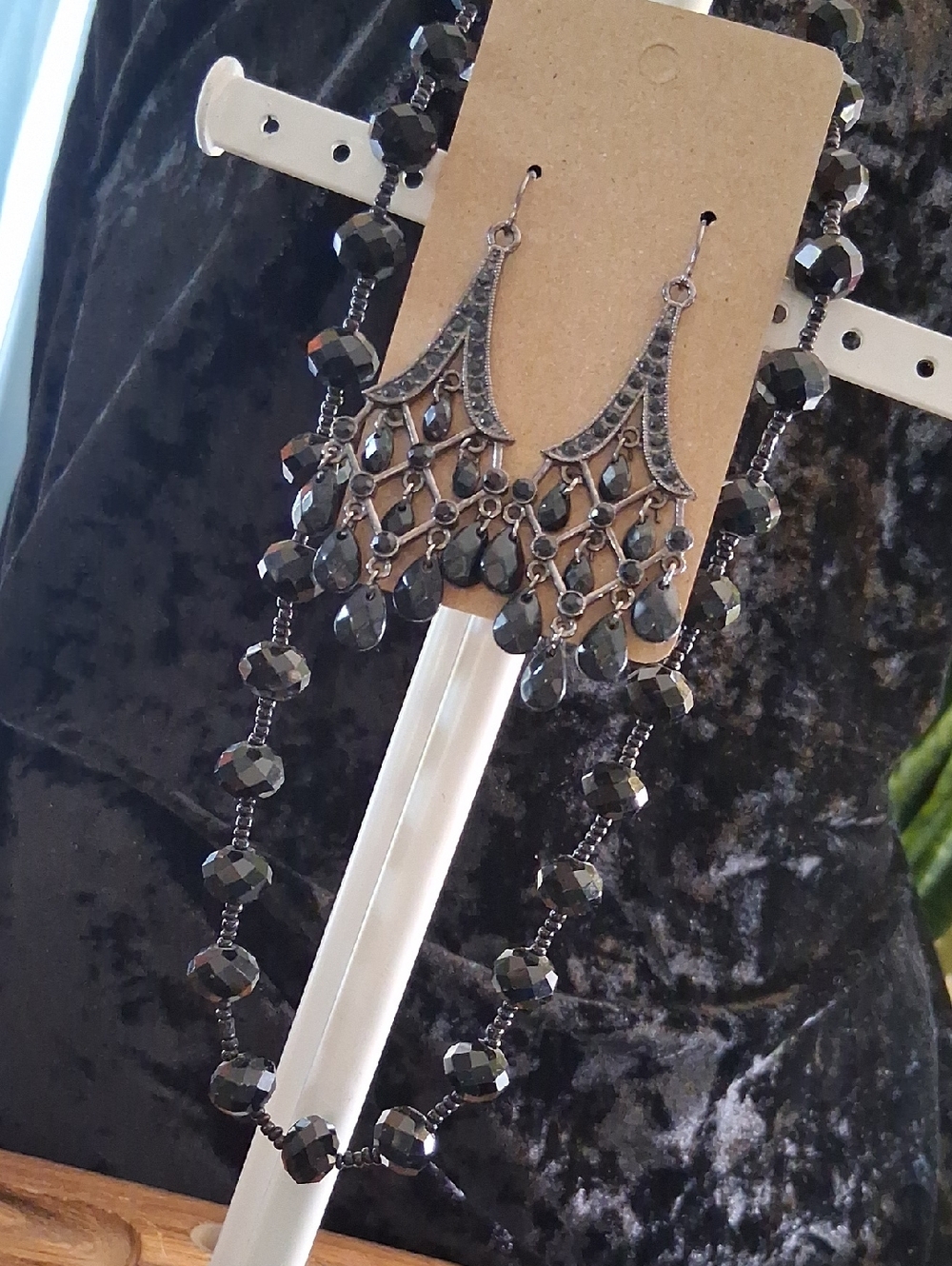 Elegant Black Crystal Cut Chandelier Earrings and  Black Beaded Necklace 24in. L